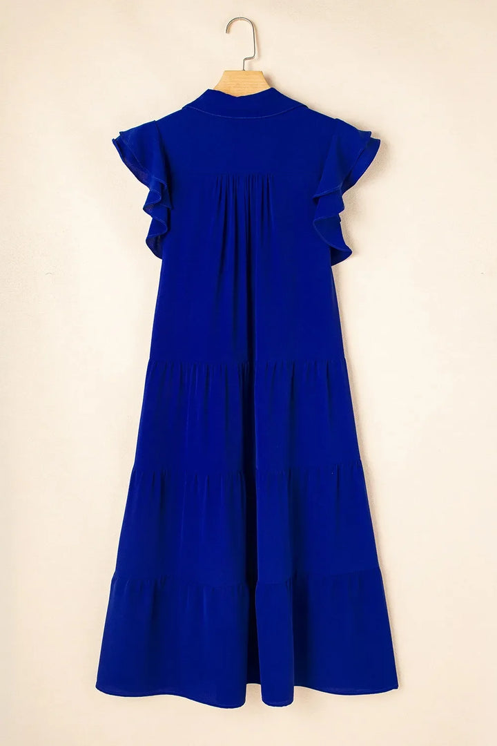 Ruffled Short Sleeve Collared V Neck Tiered Midi Dress