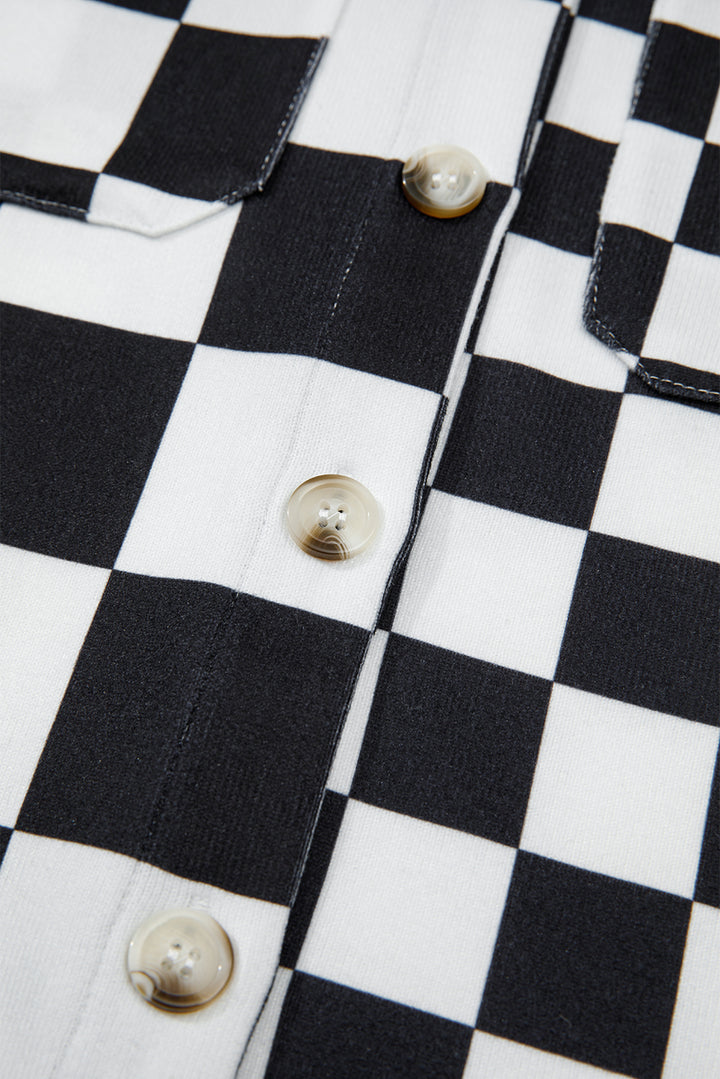 Black Checkerboard Flap Pocket Button Front Shacket