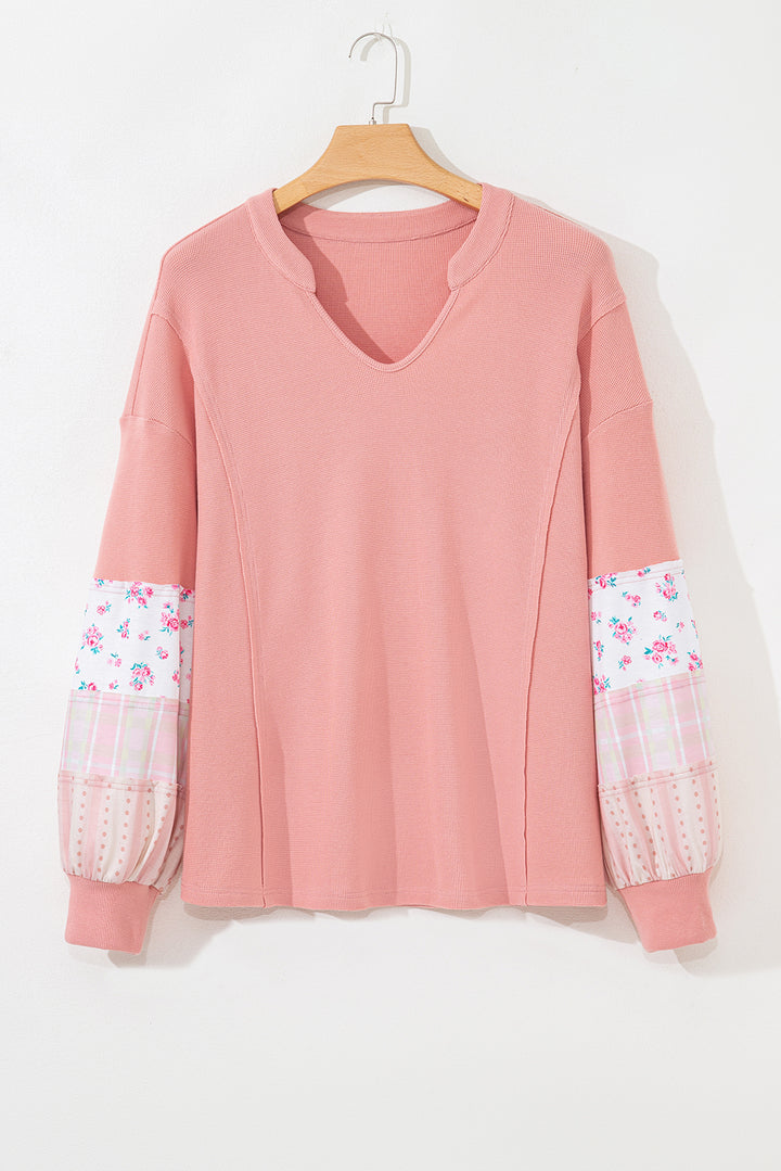 Pink Floral Sleeve Patchwork Waffle Knit Notched V Neck Plus Size Top