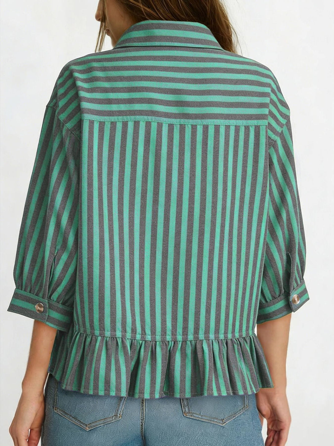 Striped Ruffle Hem Button-Down Shirt