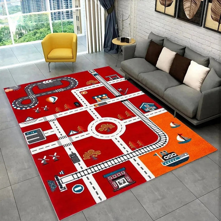 Fun Racing Track Flannel Floor Mat Non-Slip Home Decor Rug For Kids Rooms And Play Areas