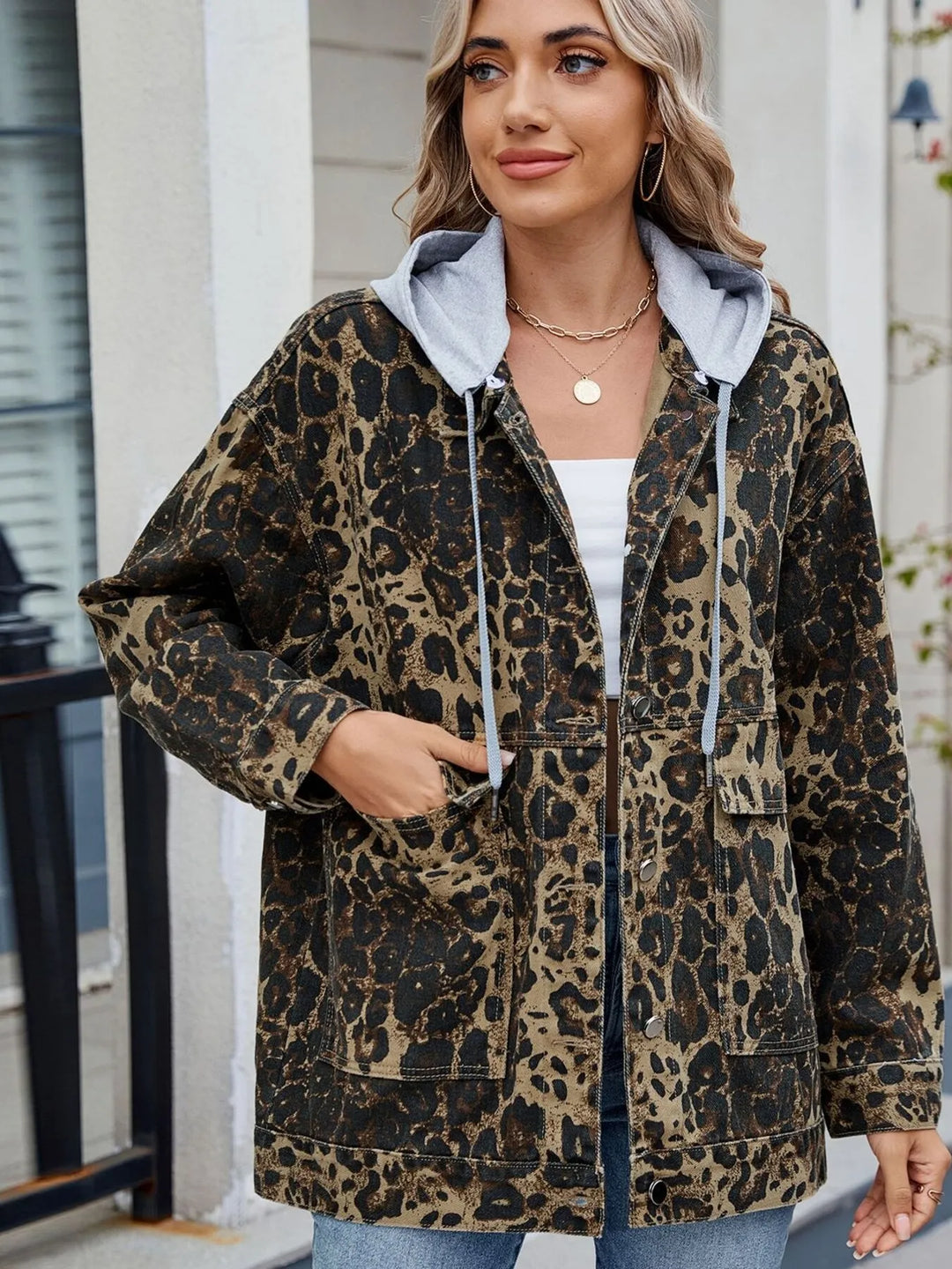Oversized Button Up Denim Jacket with Hood