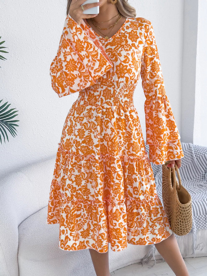 Floral Print Smocked Ruffle Hem Flared Sleeve Dress