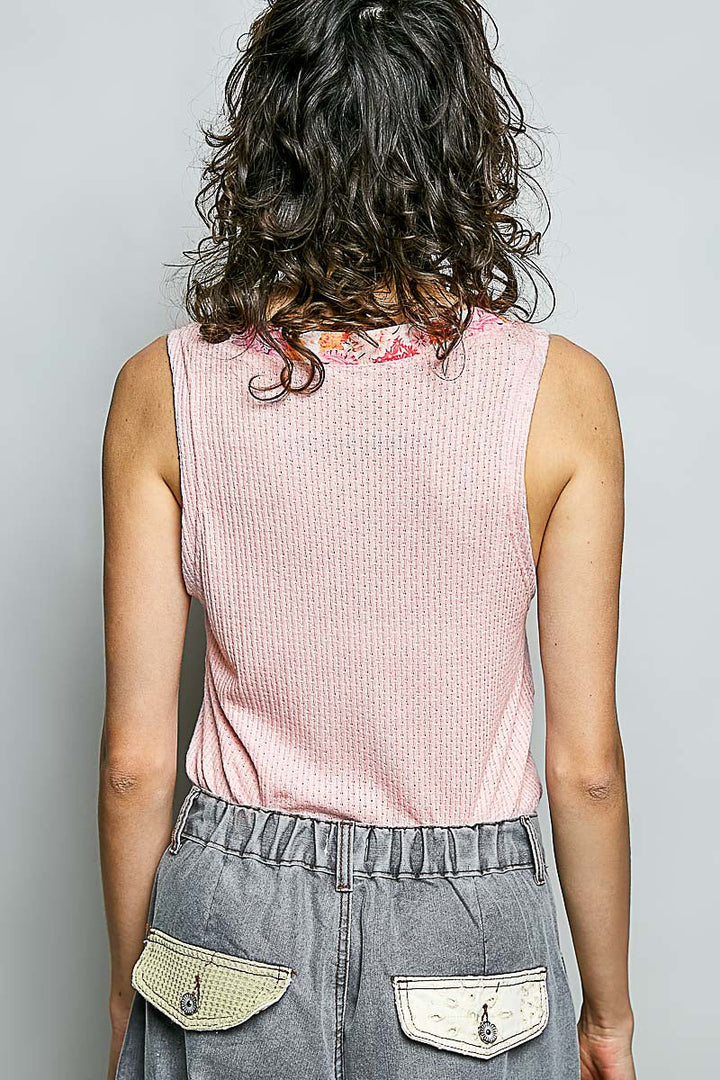 POL Ribbed V-Neck Tank with Contrast Floral Neckband