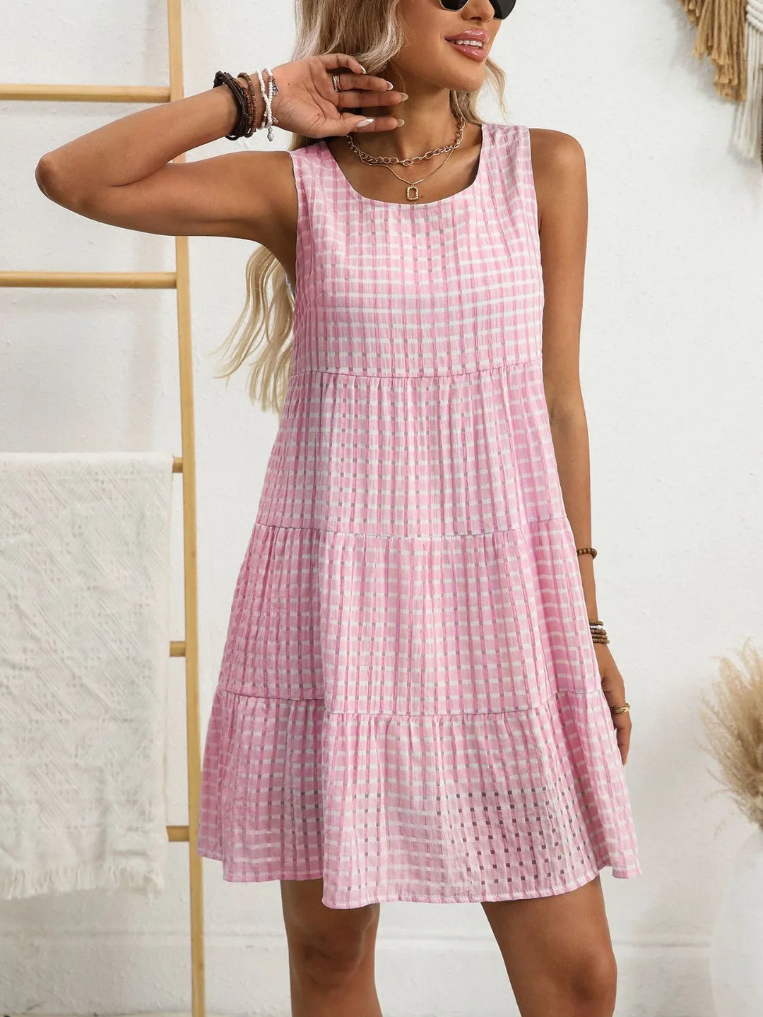 Plaid Round Neck Sleeveless Mini Dress