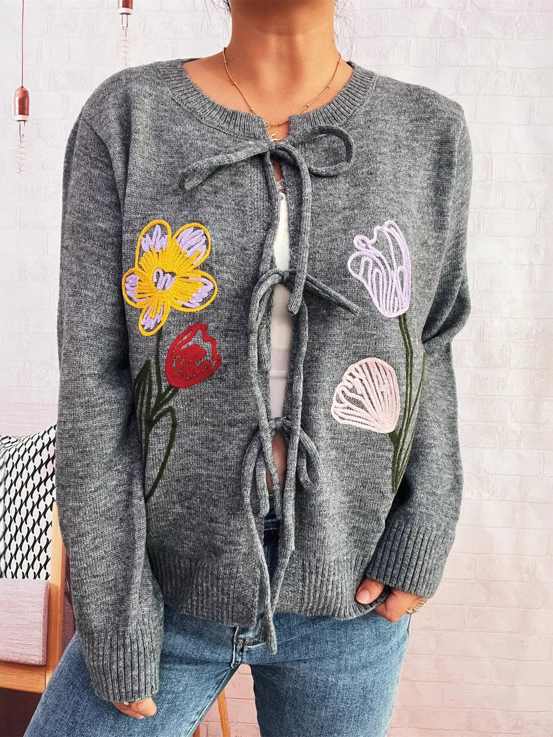 Floral Ribbed Hem Tie Front Cardigan