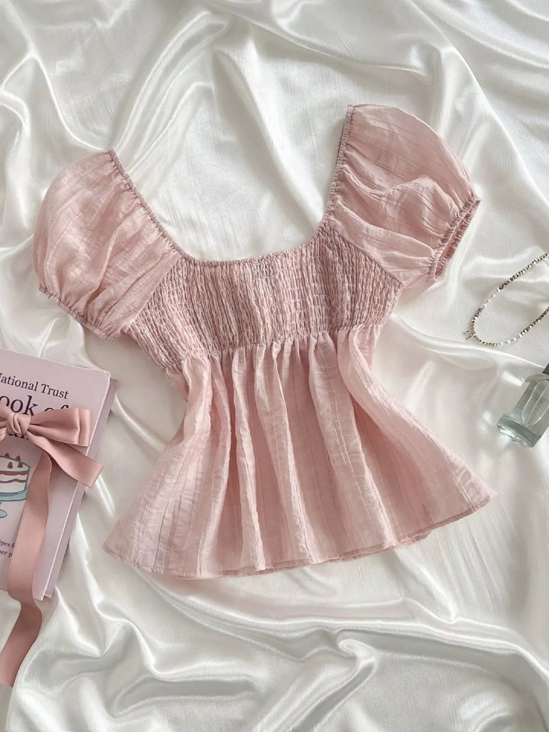 Sweetheart Neck Puff Sleeve Smocked Blouse