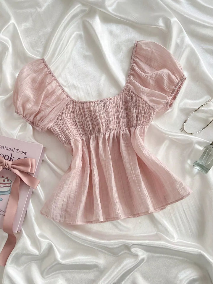 Sweetheart Neck Puff Sleeve Smocked Blouse