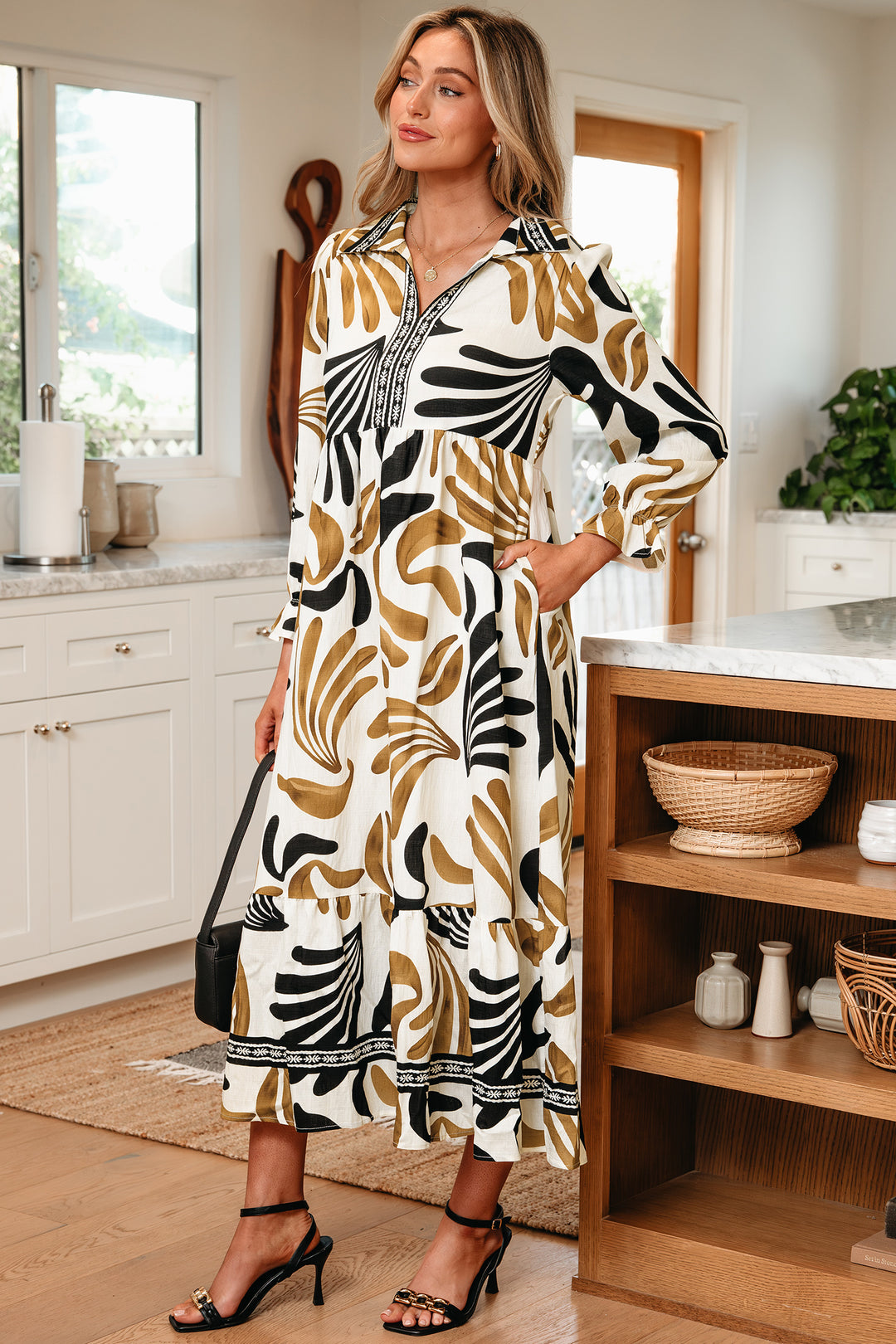 Brown Tropical Printed Contrast Trim Neck Long Sleeve Ruffle Hem Dress