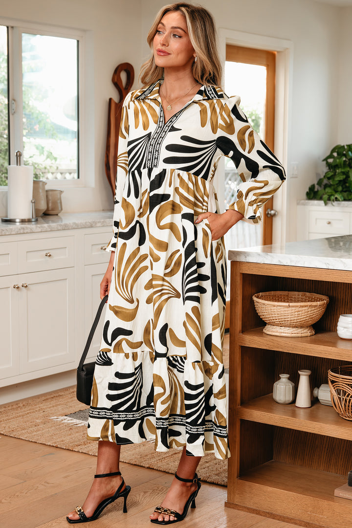 Brown Tropical Printed Contrast Trim Neck Long Sleeve Ruffle Hem Dress