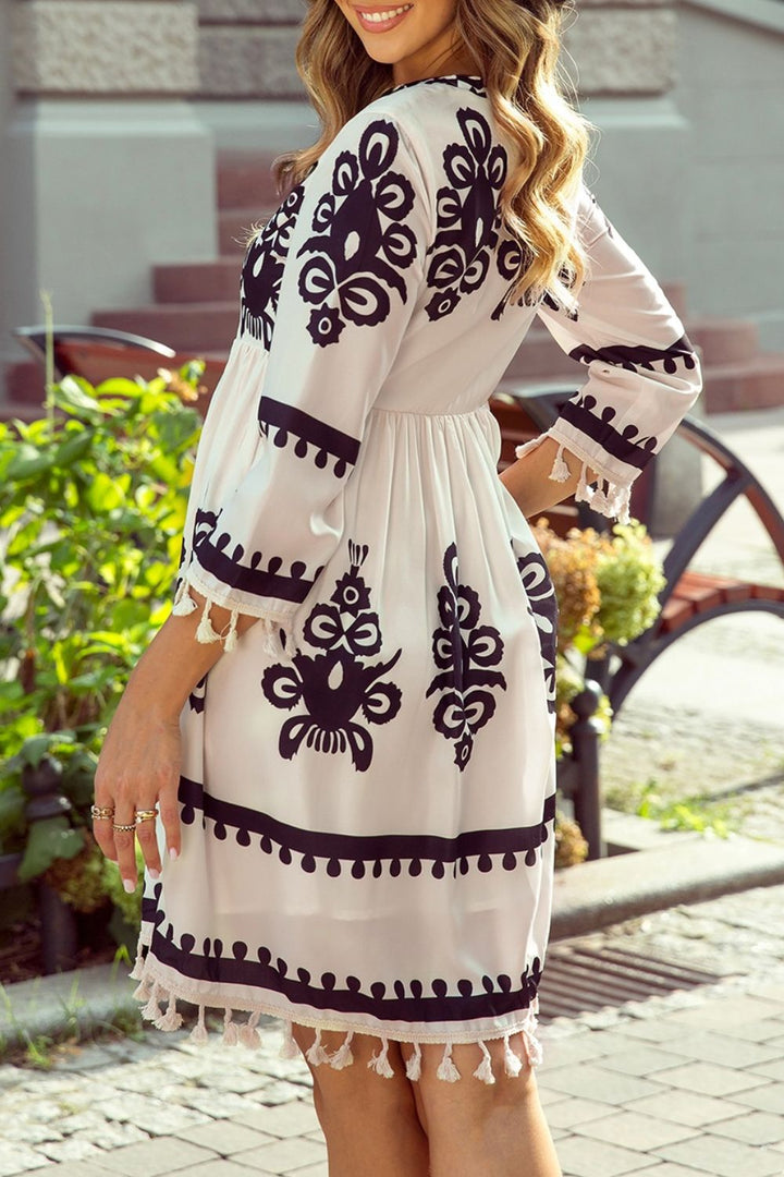 Tassel Hem 3/4 Sleeve Mini Dress