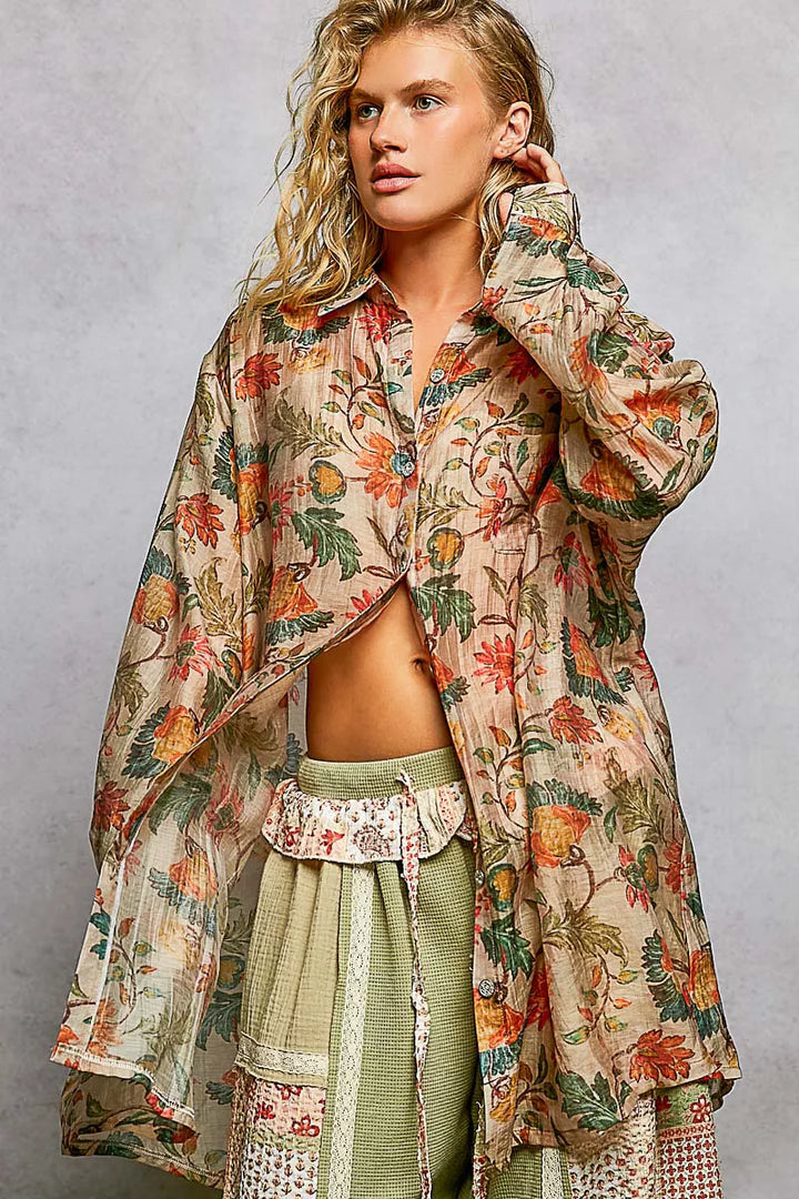POL Metal Button Down Floral Long Sleeve Shirt