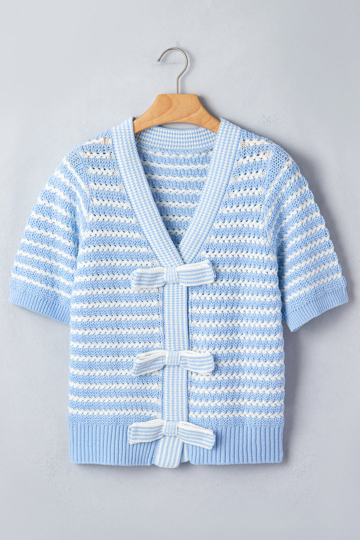 Sky Blue Stripe Short Sleeve Knit V Neck Bow Knot Sweater