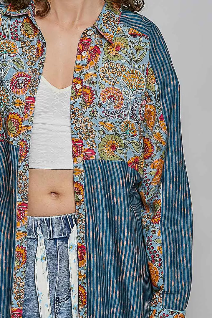 POL Patchwork Mixed Textured Paisley Floral Stripe Long Sleeve Shirt