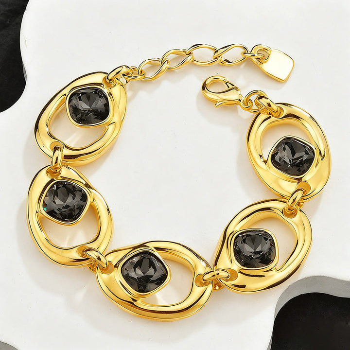 Hollow Geometric Black Crystal Jewelry Set For Women, Adjustable Bracelet Ring Earrings 3Pcs Matching Set, Minimal Cool Fashion Jewelry