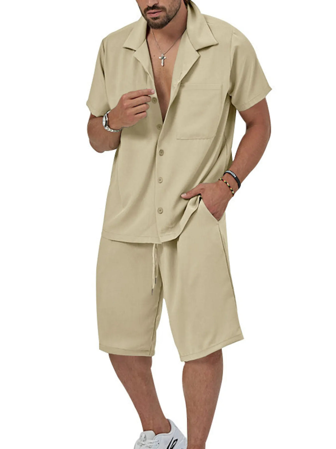 Men's Plus Size Button Up Short Sleeve Shirt and Shorts Set