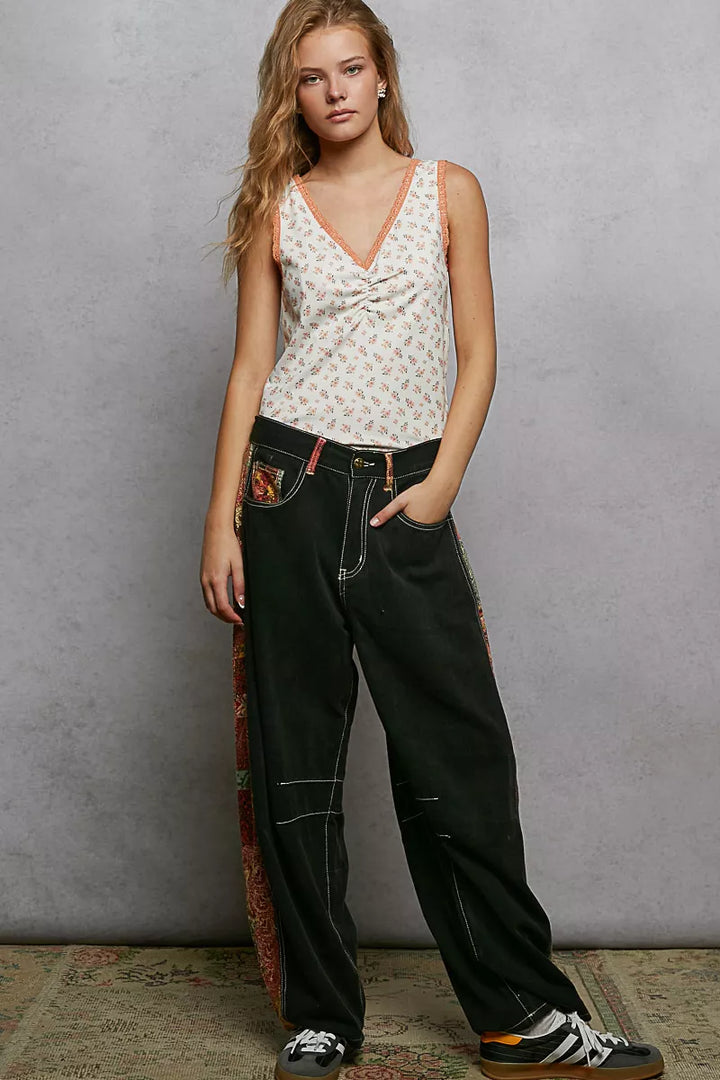 POL Ruched Floral V-Neck Tank with Lace Detail