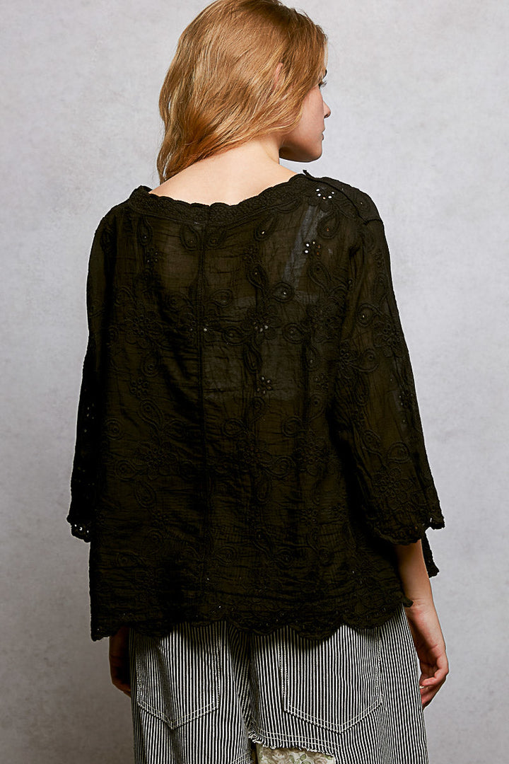 POL Floral Eyelet V-Neck Salloped Shirt
