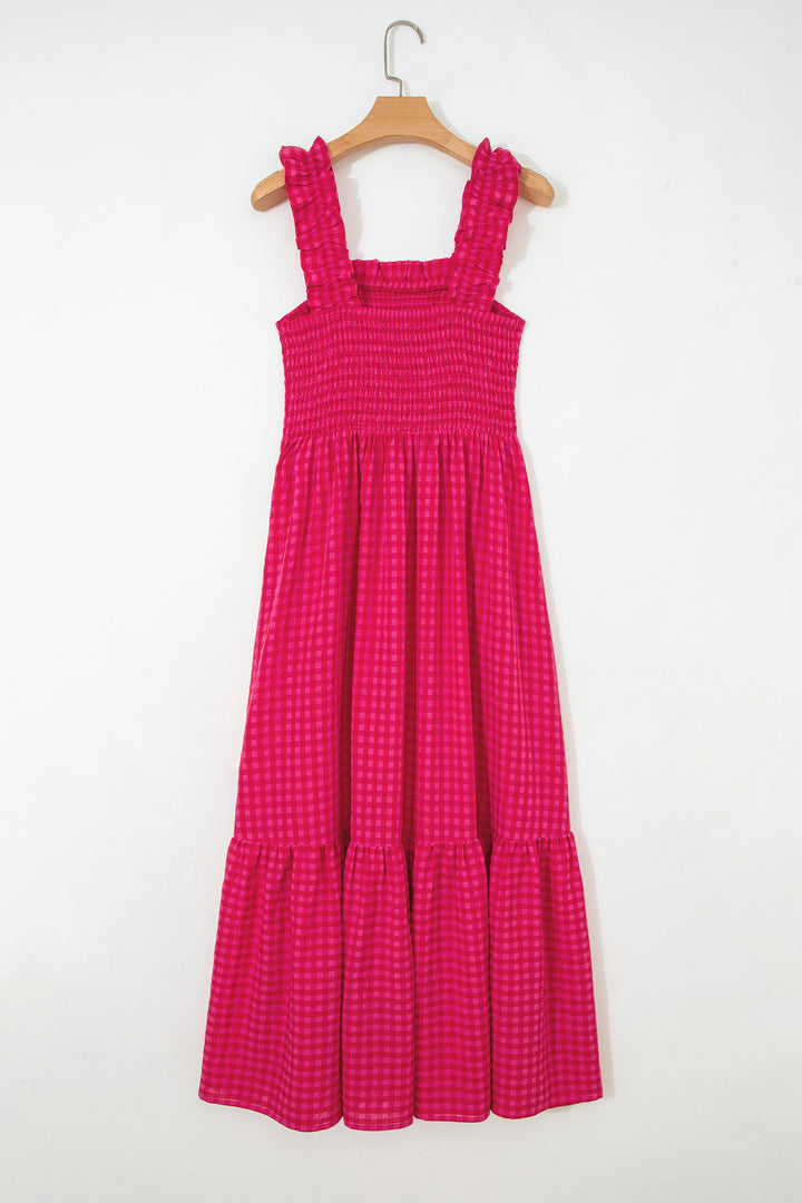 Red Plaid Square Neck Fit-and-flared Vacation Sundress