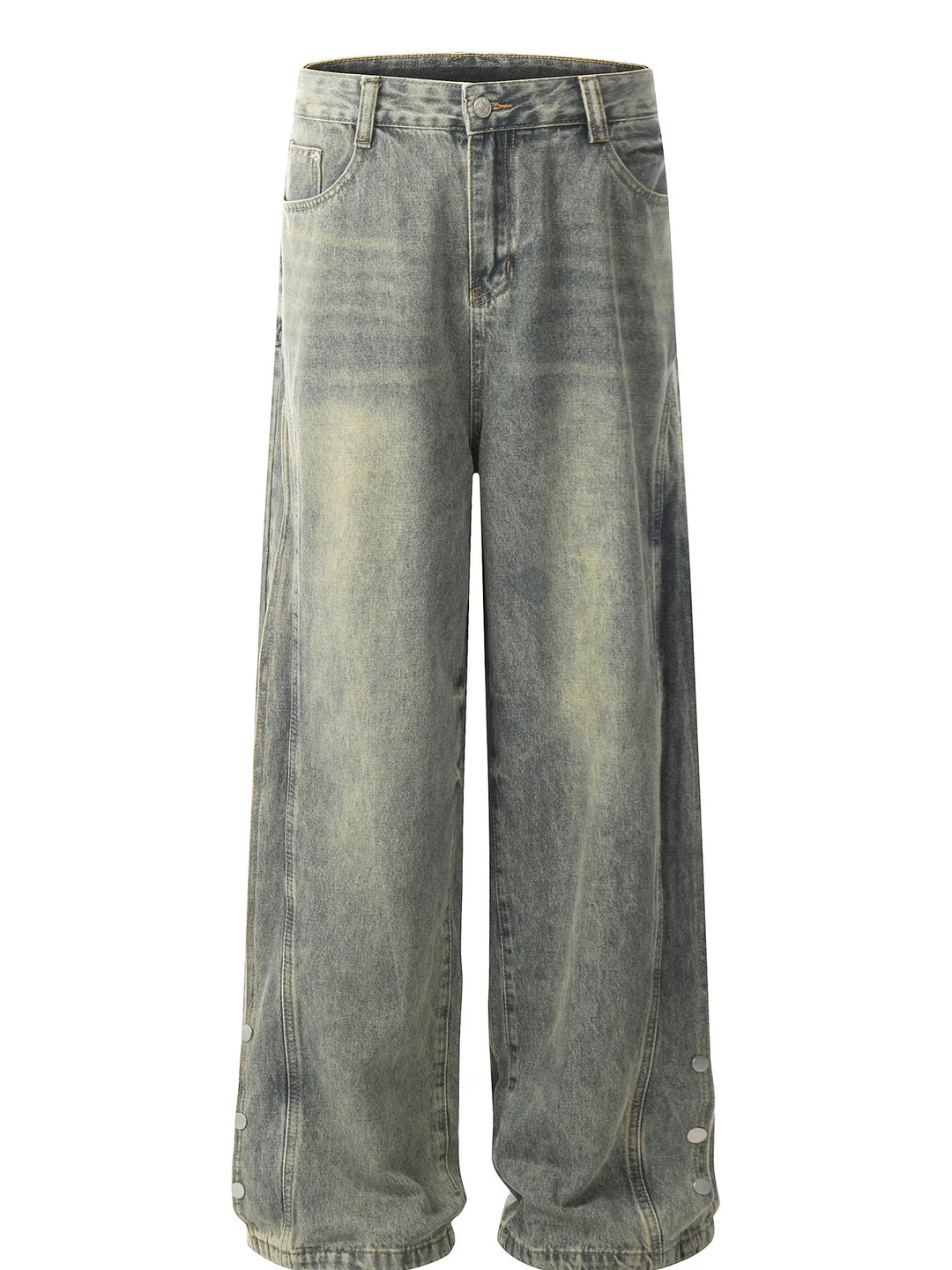 Men's Washed Wide Leg Jeans with Side Button Details