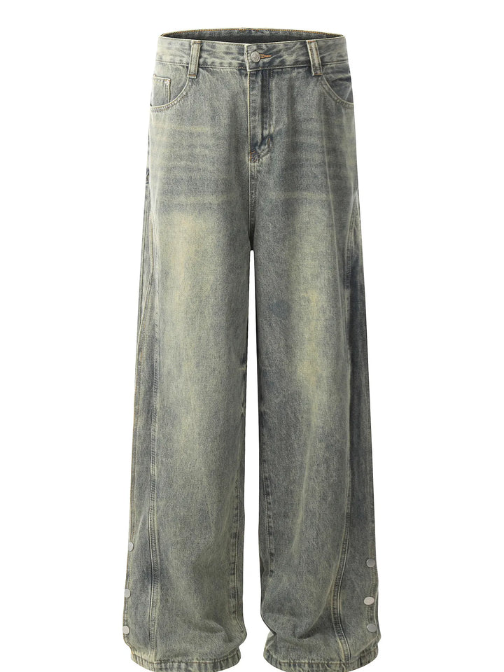 Men's Washed Wide Leg Jeans with Side Button Details