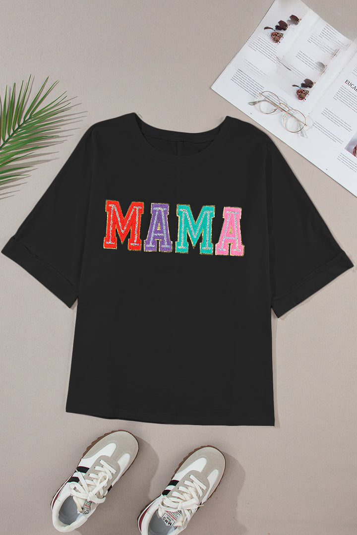 T-shirt ras du cou en chenille noire MAMA