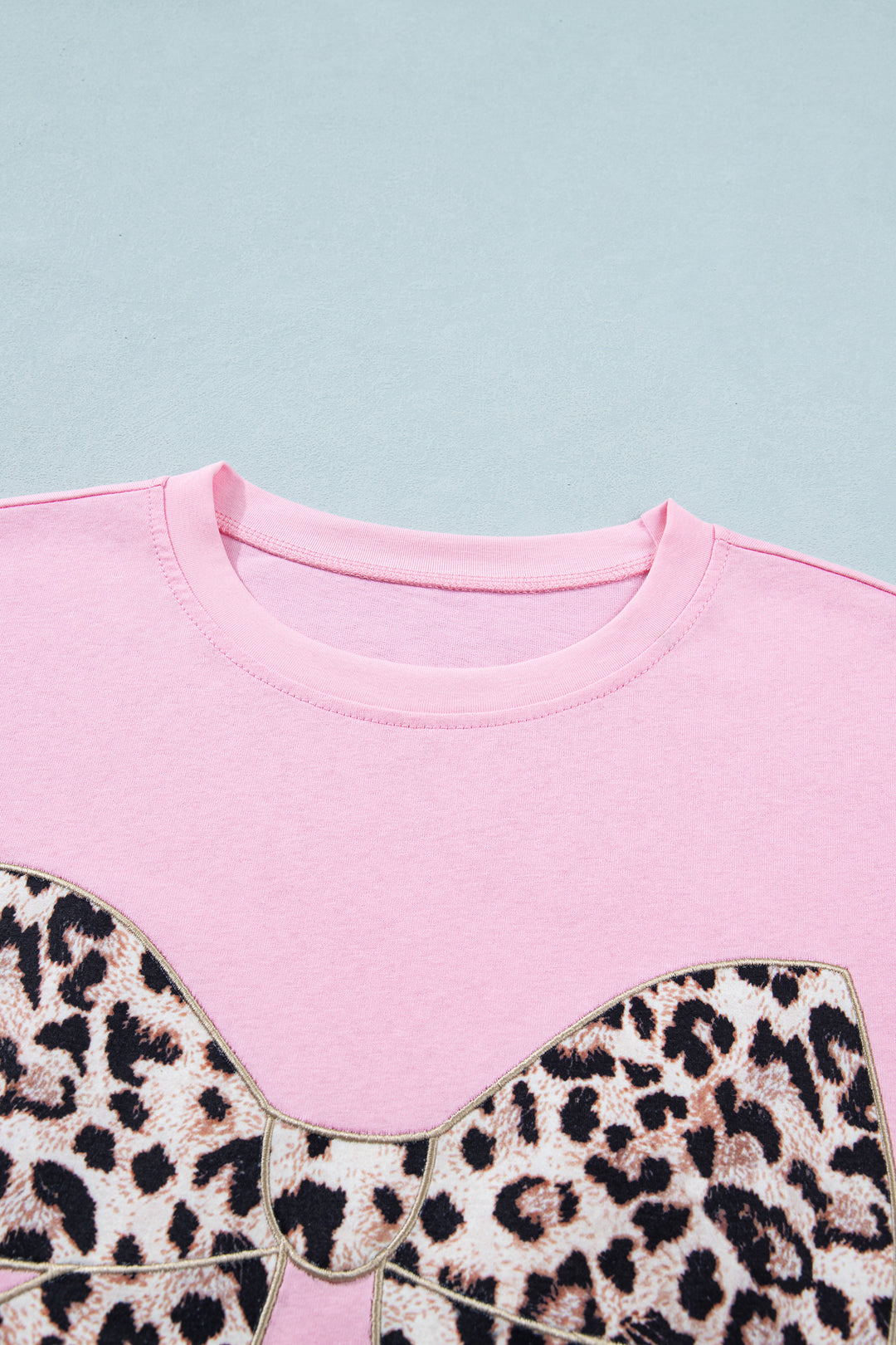Pink Leopard Bow Embroidered Cotton Round Neck T Shirt