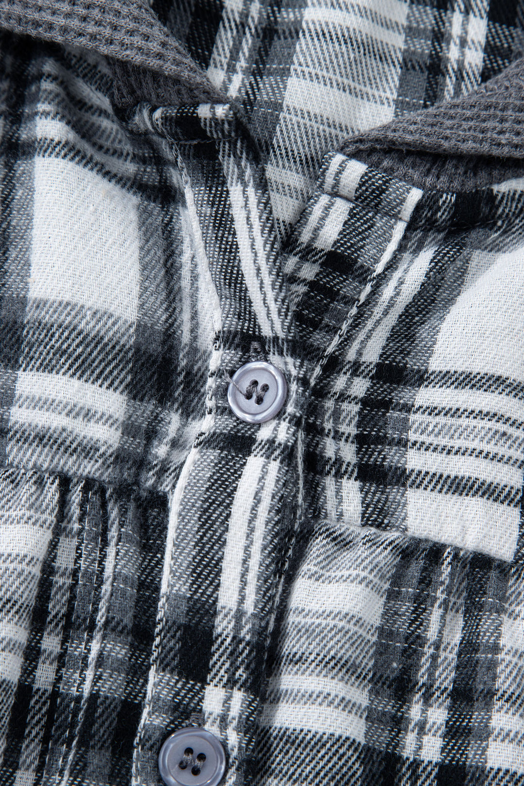 Gray Plaid Patchwork Long Sleeve Button Hooded Blouse