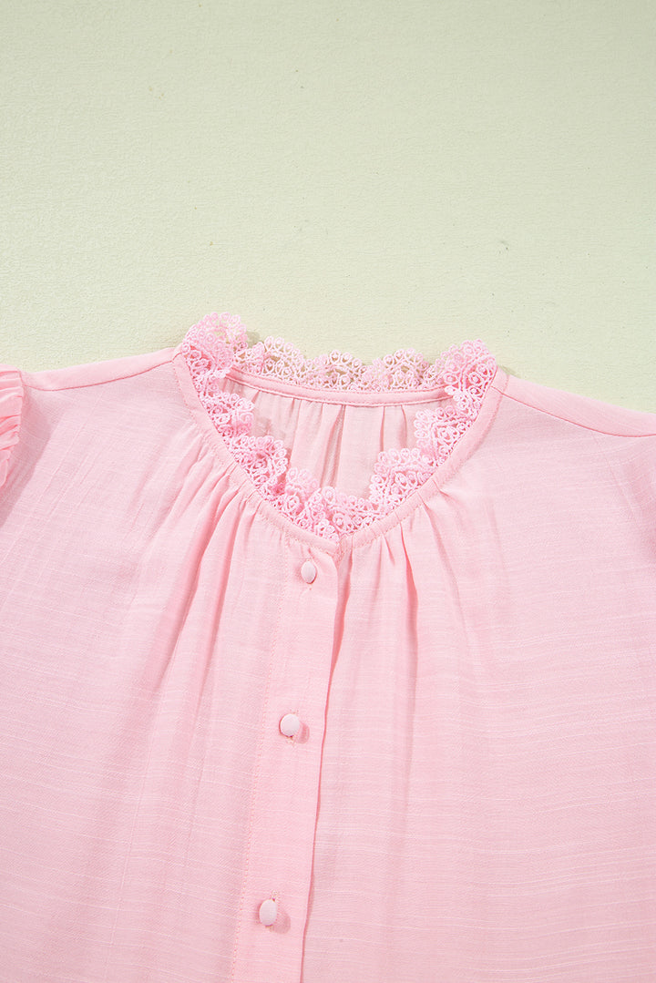 Gossamer Pink Lace Patchwork Edge Collarless Button Up Shirt