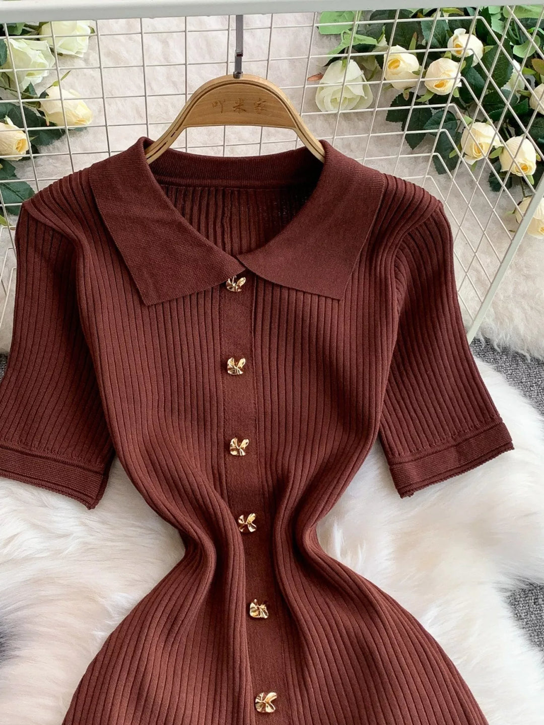 Button Front Ribbed Knit Midi Dress