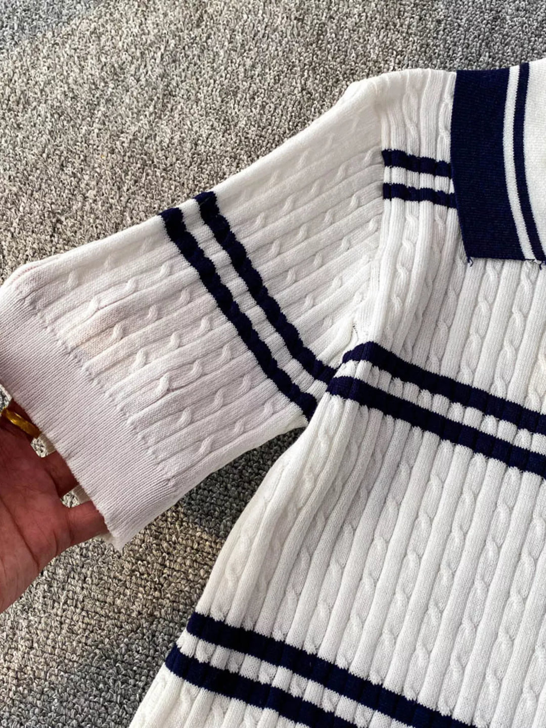 Striped Knit Polo Collar Top