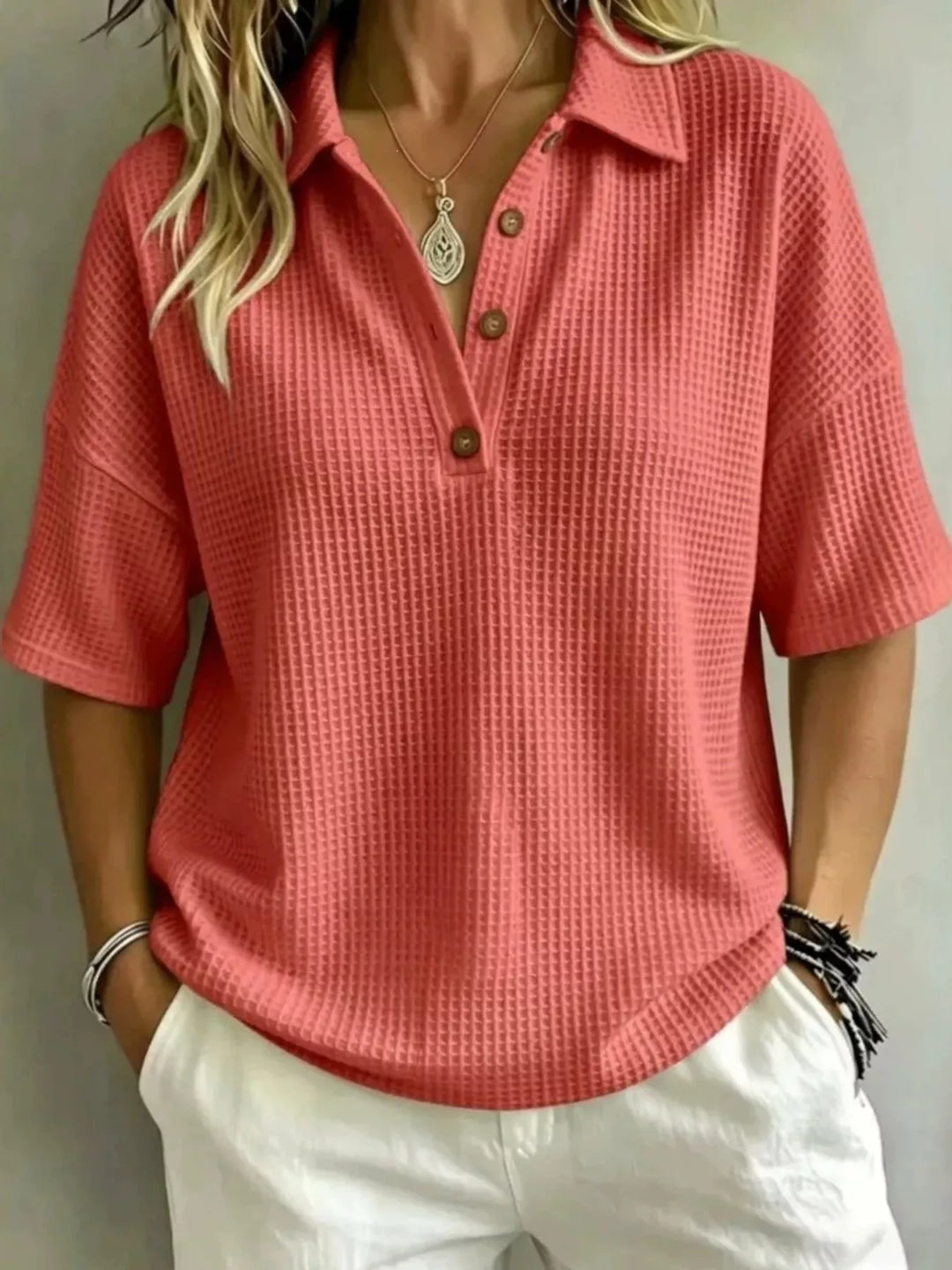 Full Size Waffle Knit Polo Top with Button Detail Plus Size