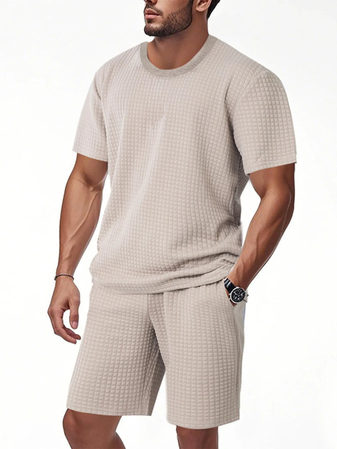 Men's Full Size Textured Round Neck Top and Shorts Set Plus SIze