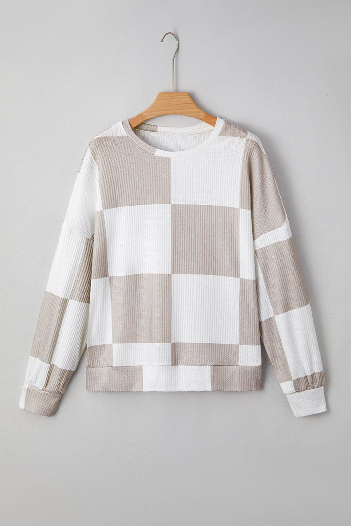 Khaki Checkered Print Breathable Textured Long Sleeve Top