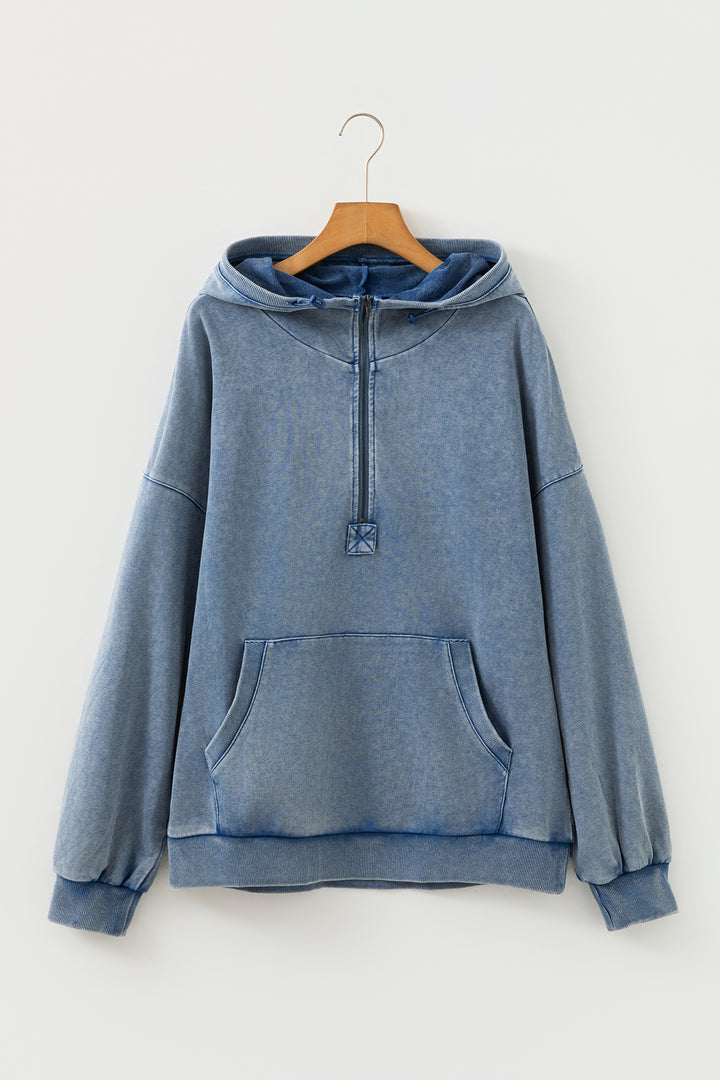 Half Zip Kangaroo Pocket Mineral Wash Baggy Hoodie