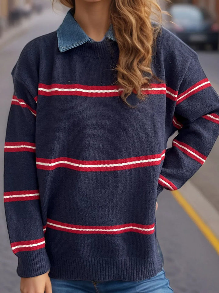 Contrast Stripes Round Neck Long Sleeve Sweater