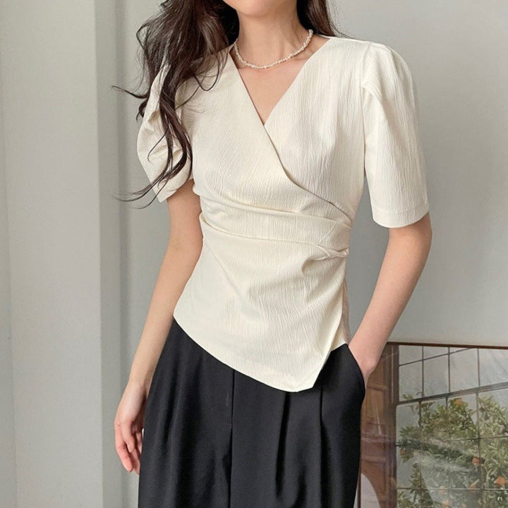 Womens Solid-Color French-Style Chic Asymmetrical Cross V-Neck Short-Sleeve Top