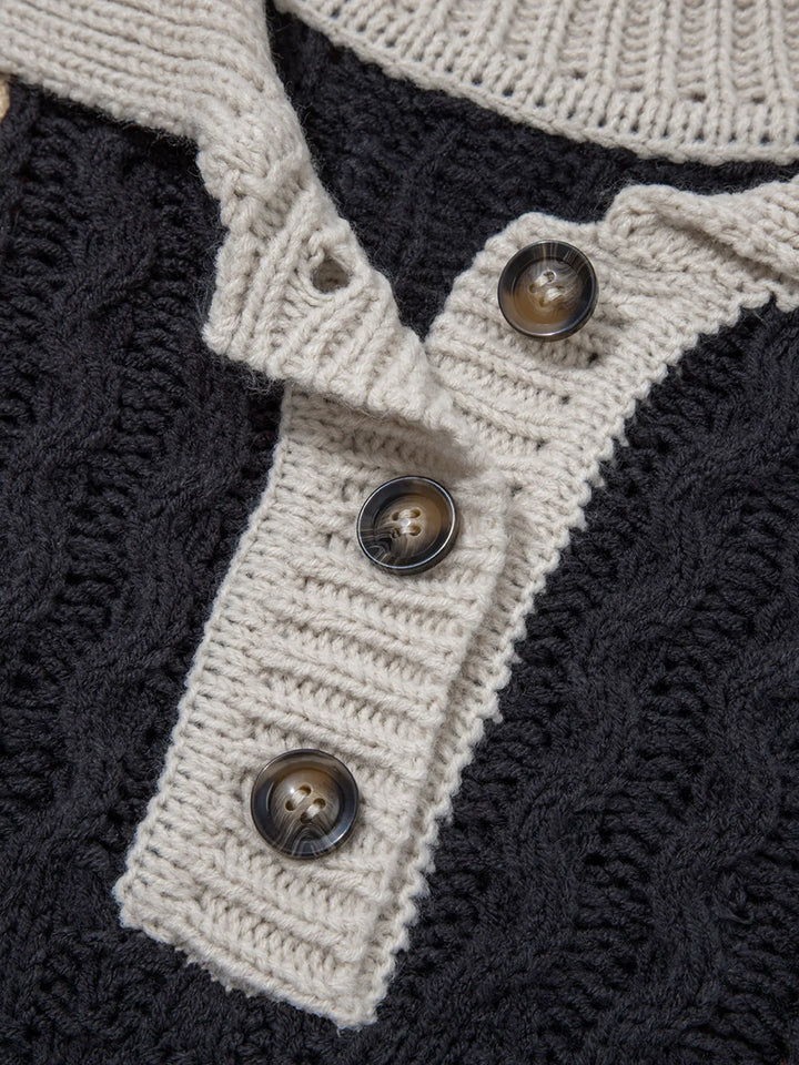 Multicolour Color Block Cable Knit Sleeve Buttons Collared Sweater