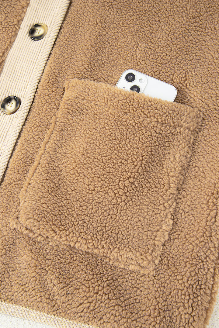 Light French Beige Puffy Plush Corduroy Edge Patchwork Jacket with Big Pockets