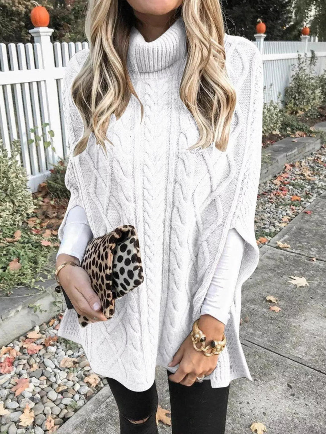 Chunky Cable Knit Turtleneck Poncho Cover Up