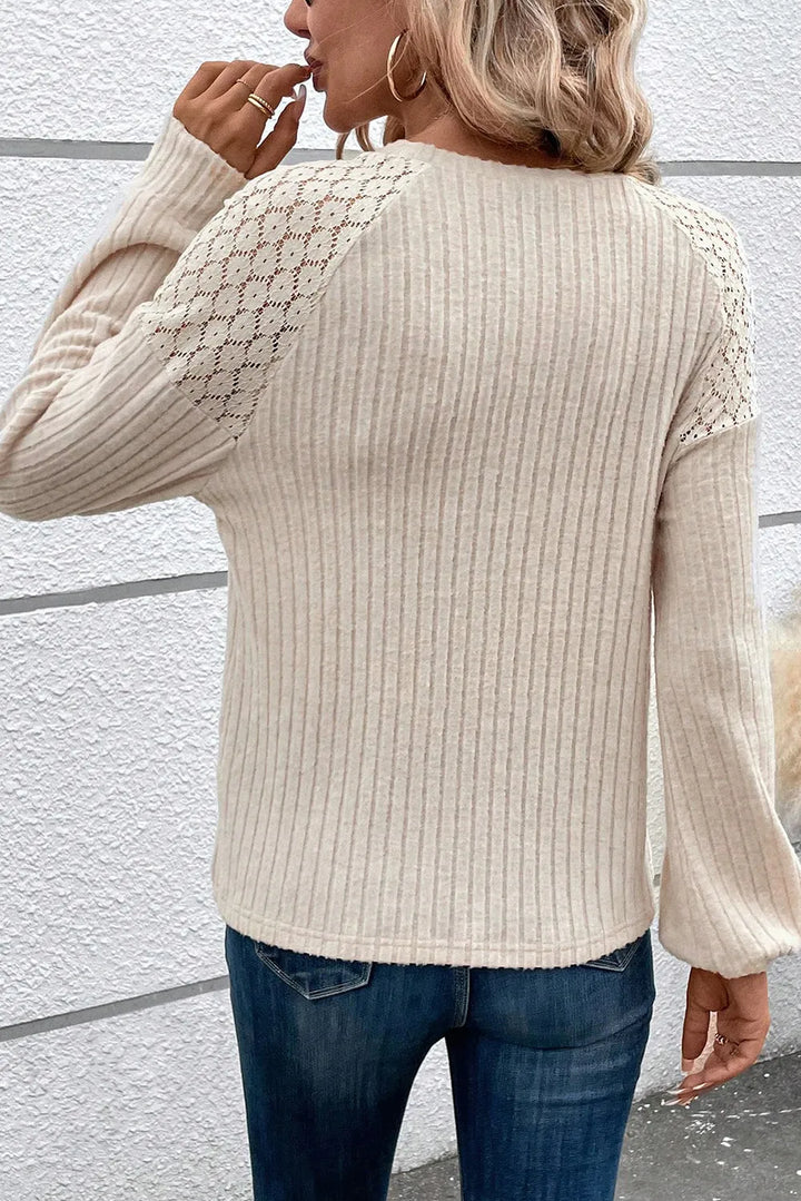 Ribbed Decorative Button Round Neck Top with Lace Detail