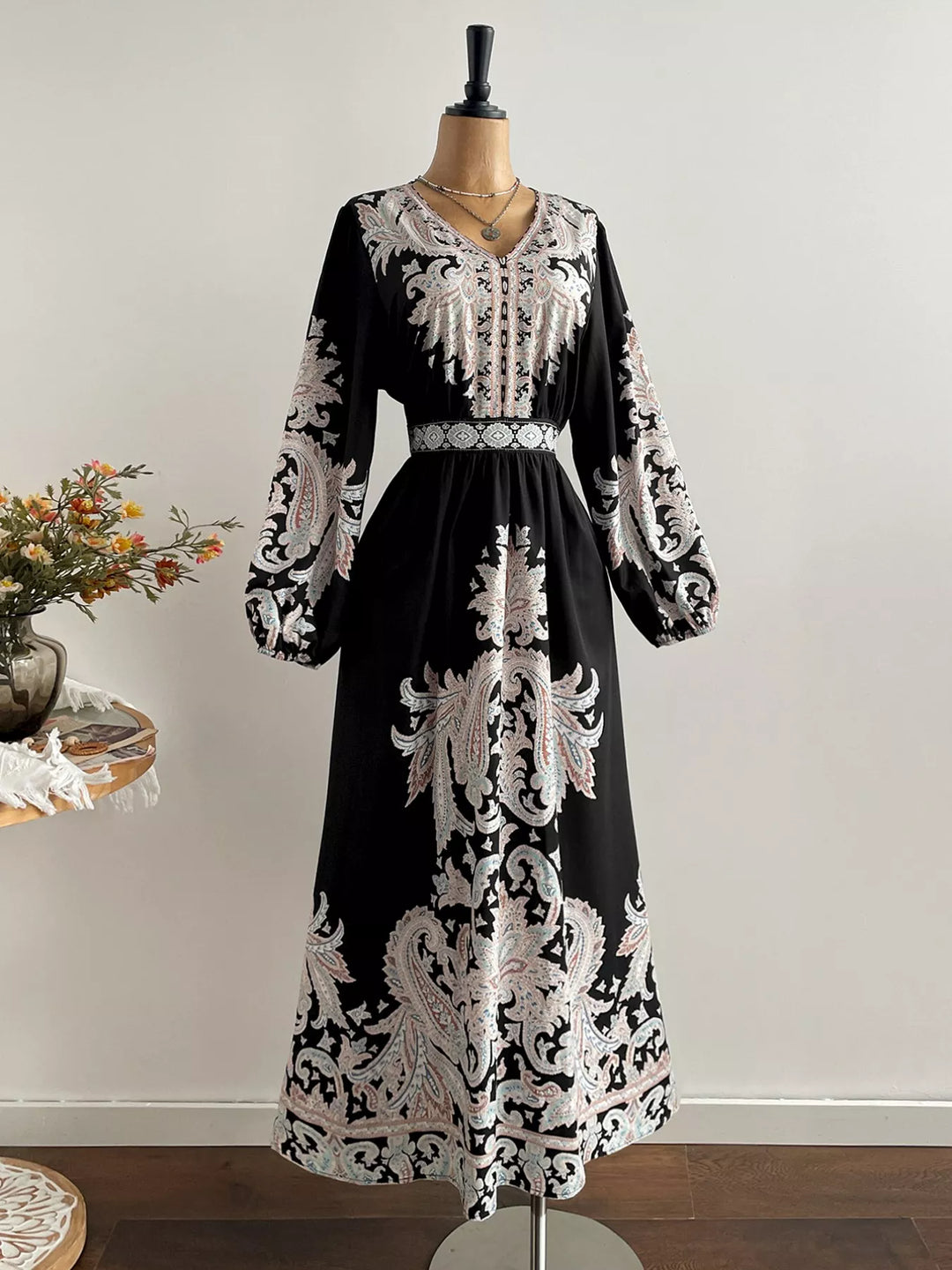 Plus Size Printed V-Neck Balloon Sleeve Dress