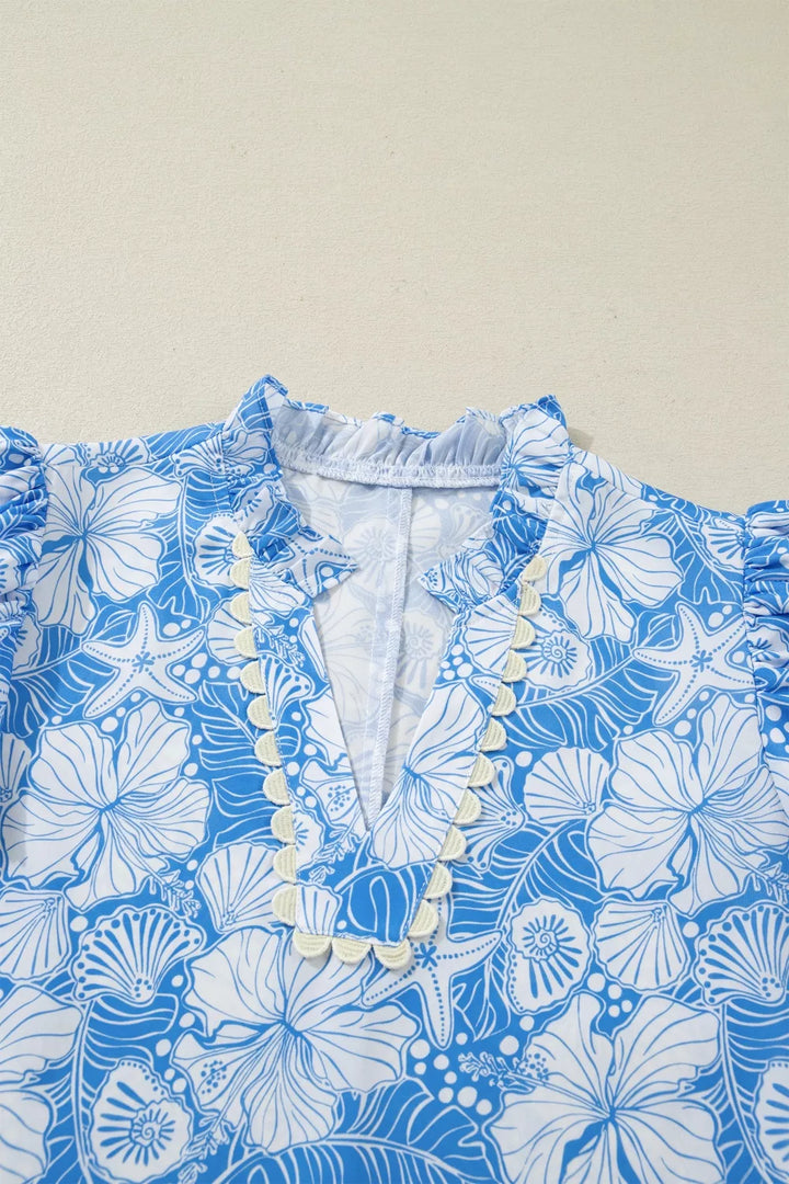 Floral Print Scalloped Trim V Neck Short Sleeve Blouse