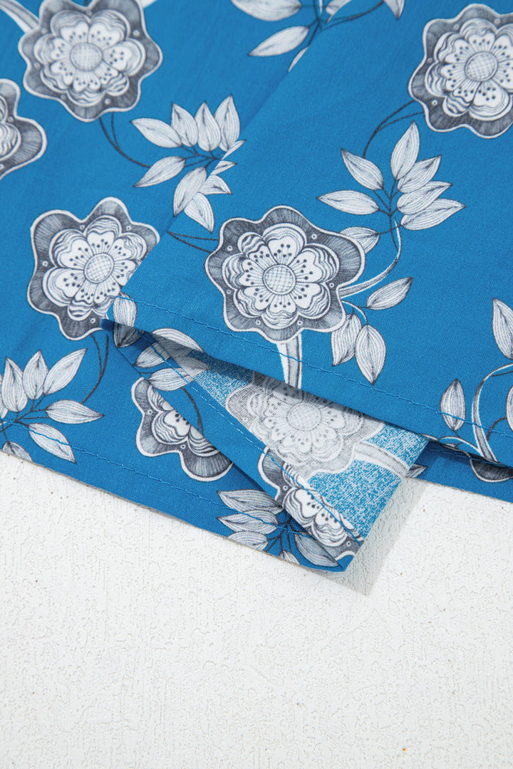 Blue Retro Floral Print Striped Trim Button Neck Short Sleeve Blouse