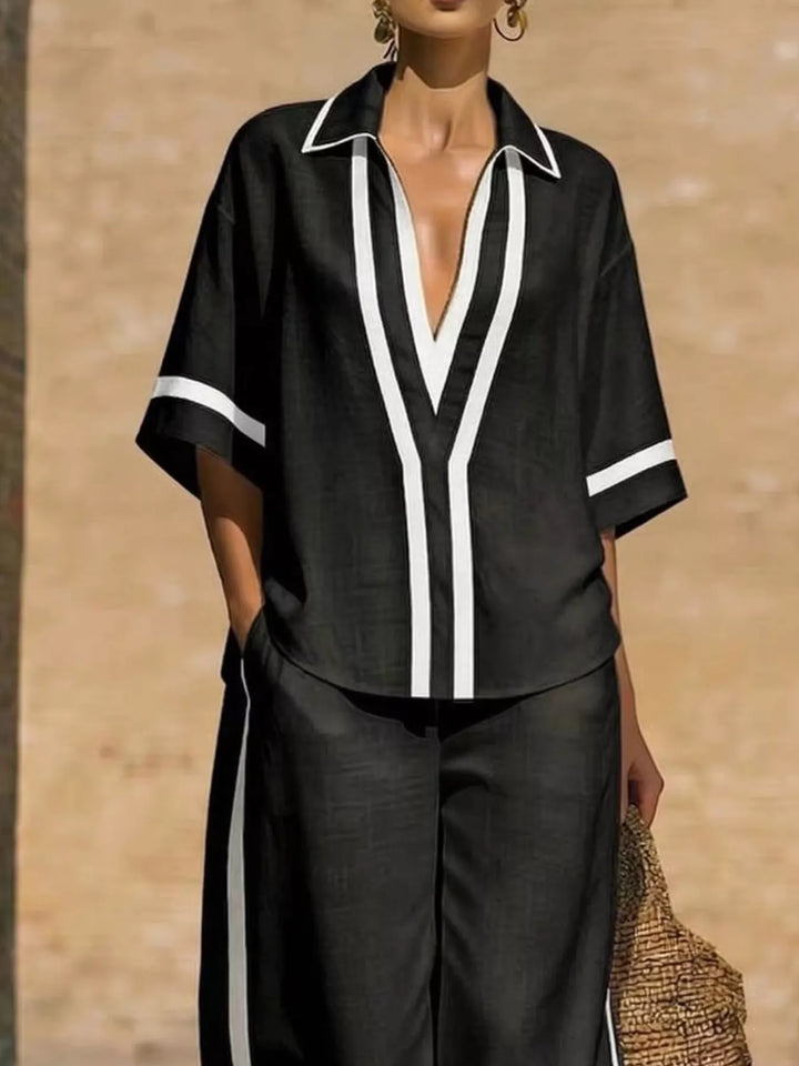 Full Size Contrast Trim Top and Pants Set Plus Size