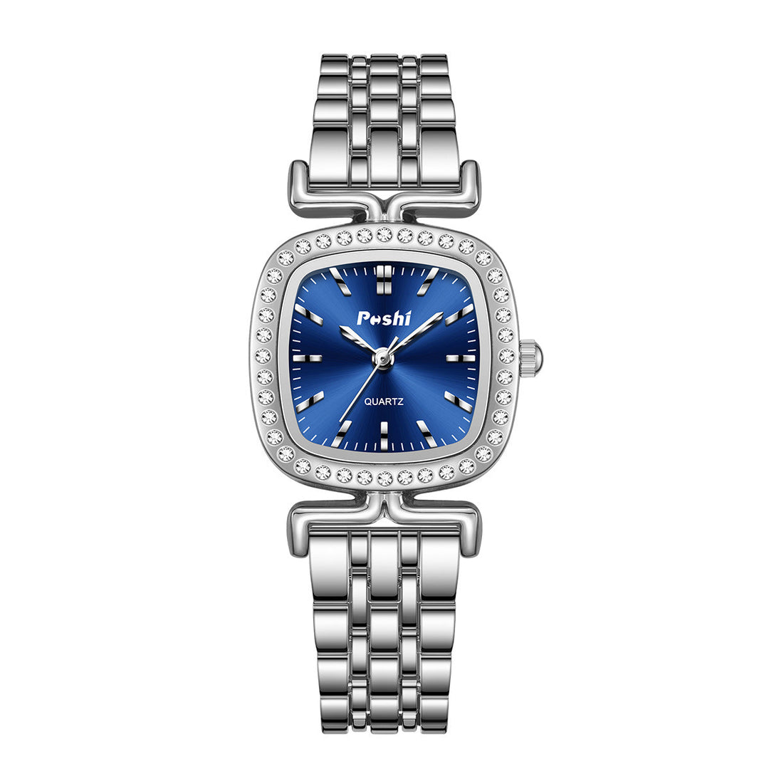 Diamond-encrusted Dial Oval-shaped Steel Bracelet Quartz Womens Watch