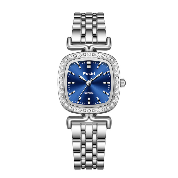 Diamond-encrusted Dial Oval-shaped Steel Bracelet Quartz Womens Watch
