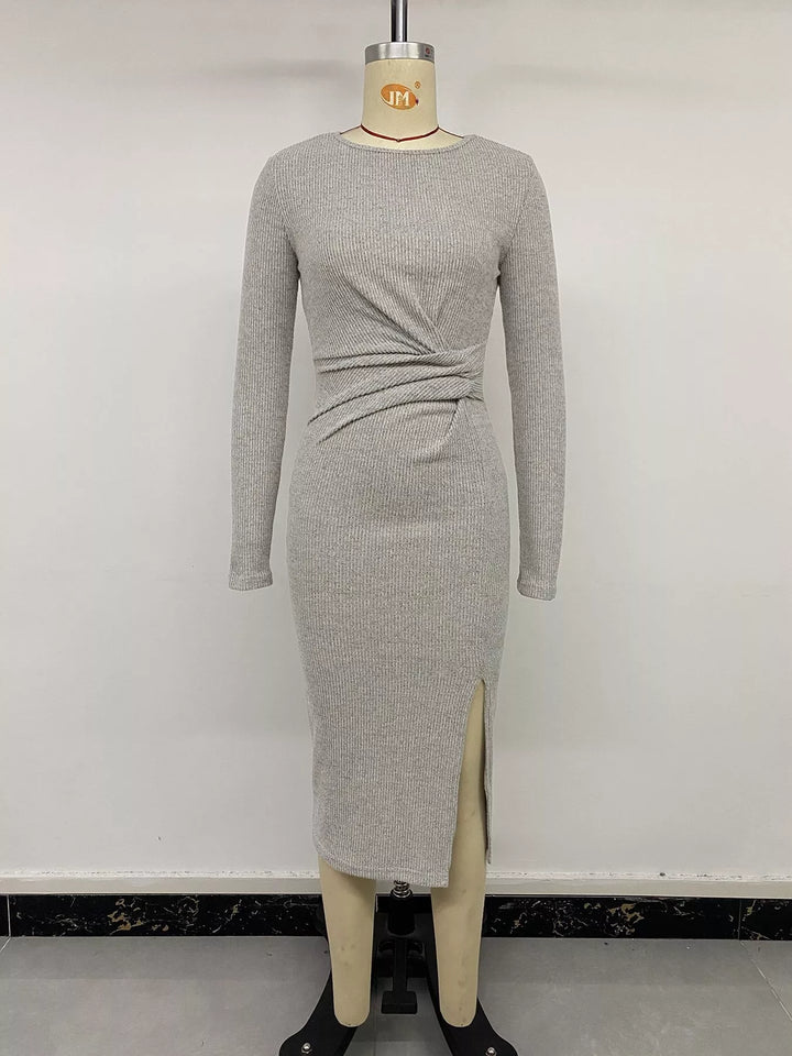 Ribbed Knit Twist Front Long Sleeve Midi Dress with Slit