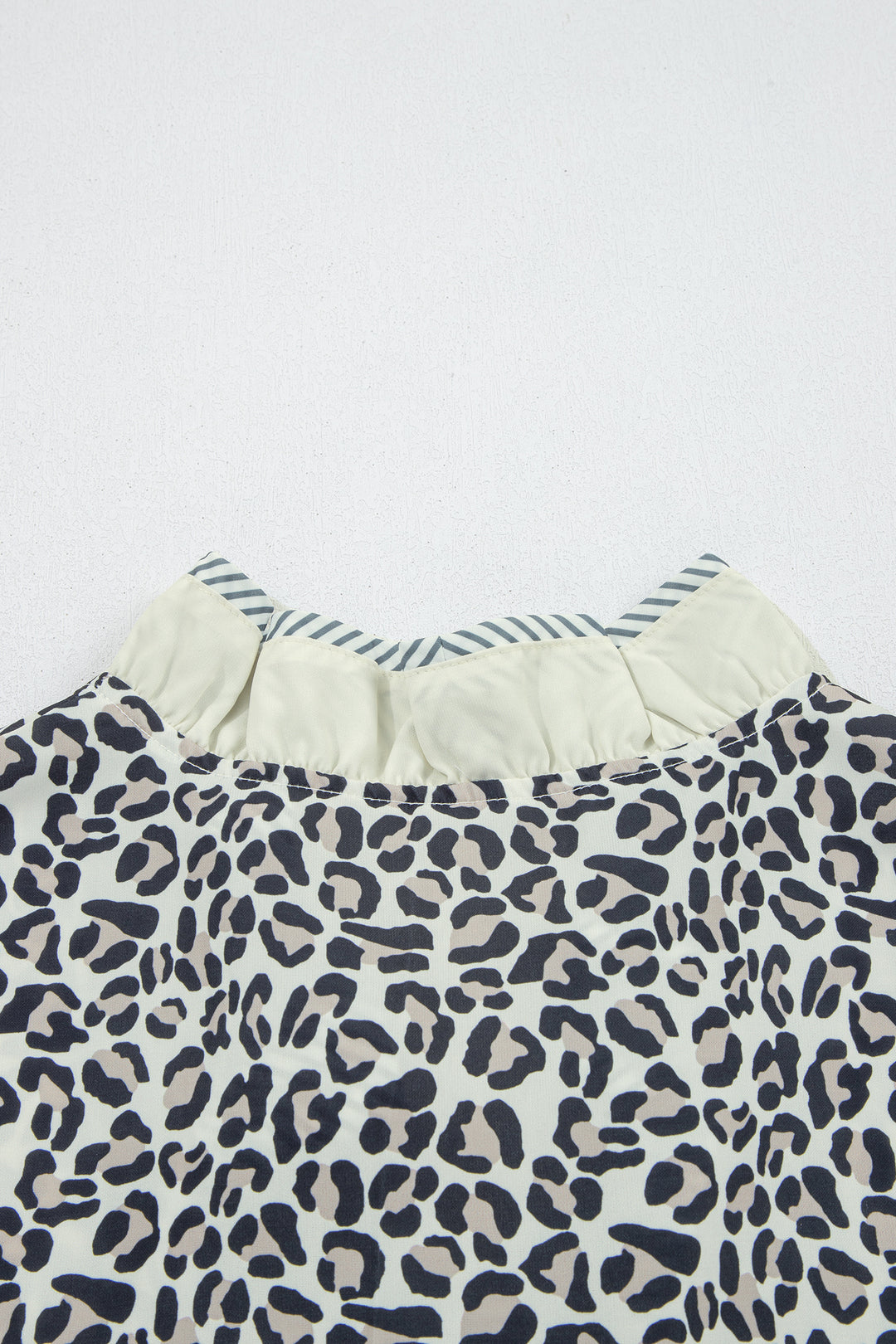 Black Plus Leopard Print Striped Color Block Trim Frilled V Neck Short Sleeve Blouse