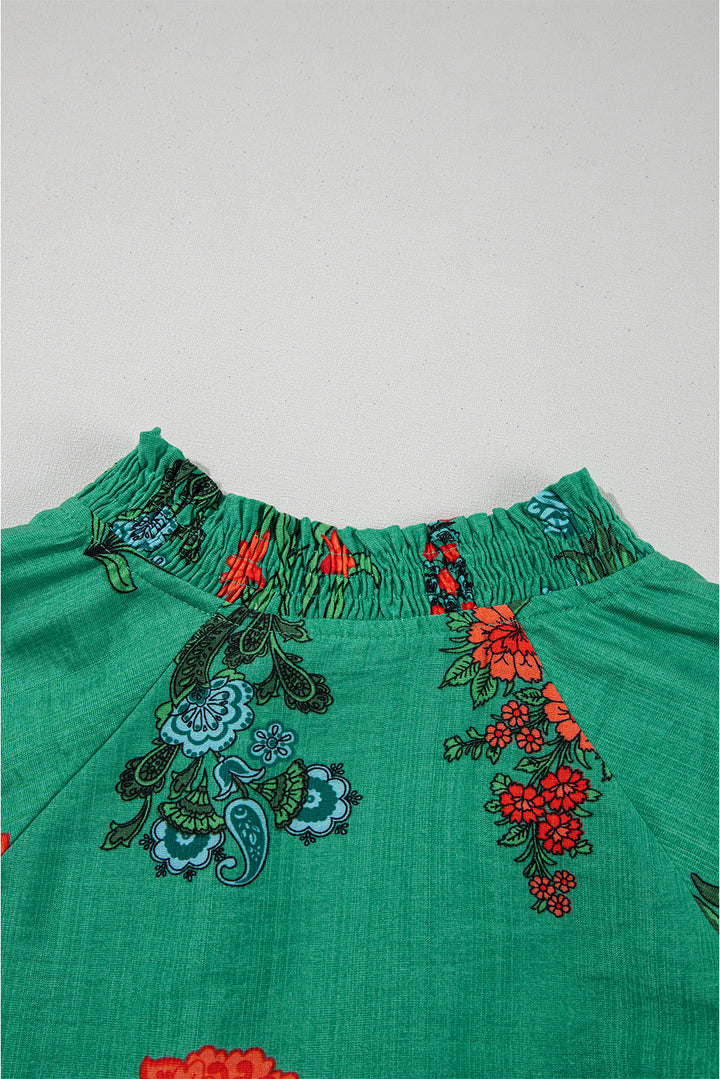 Chemisier à manches courtes et col en V boutonné à imprimé floral vert vif